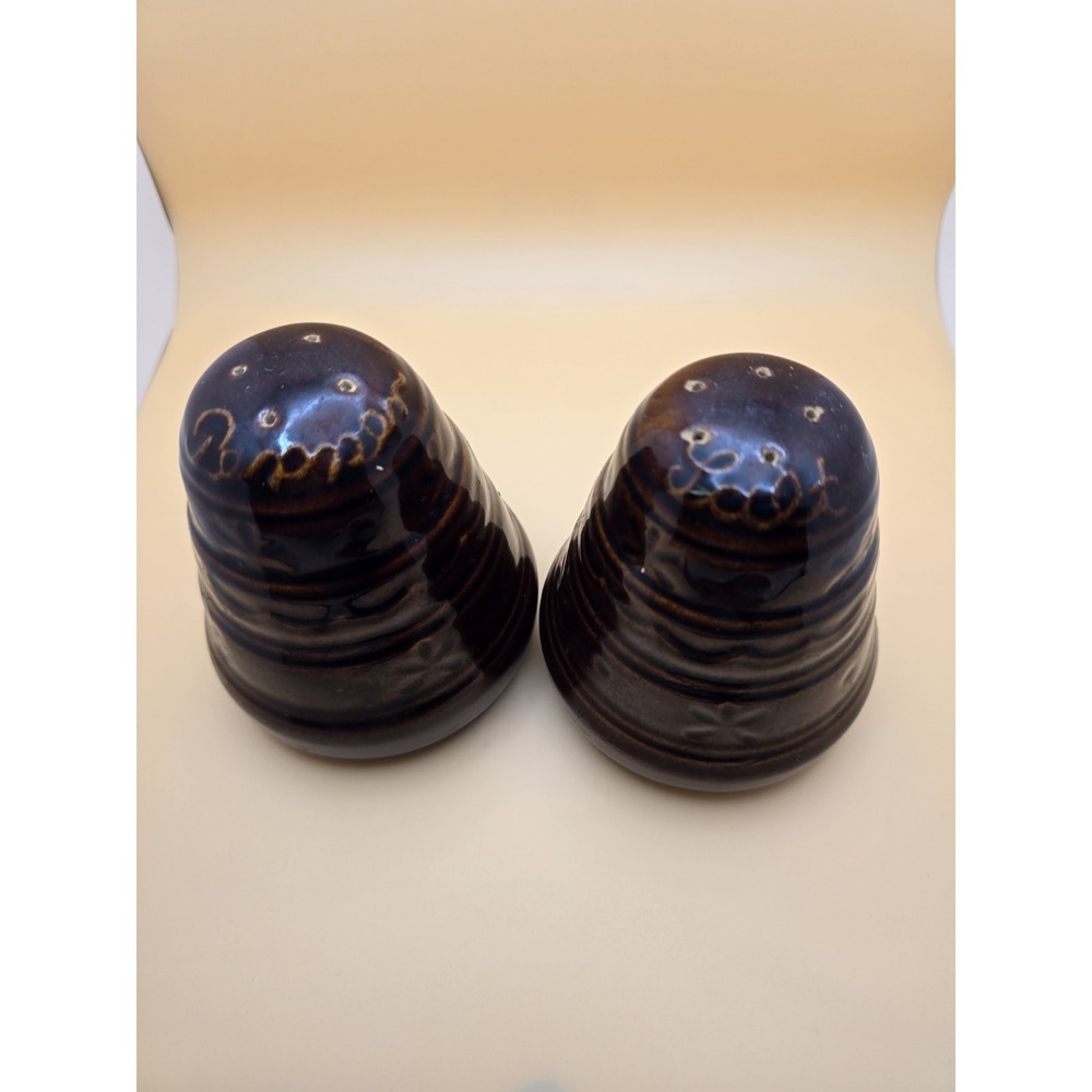 Vintage Brown Drip Glaze Ceramic Salt and Pepper Shakers Beehive Floral USA